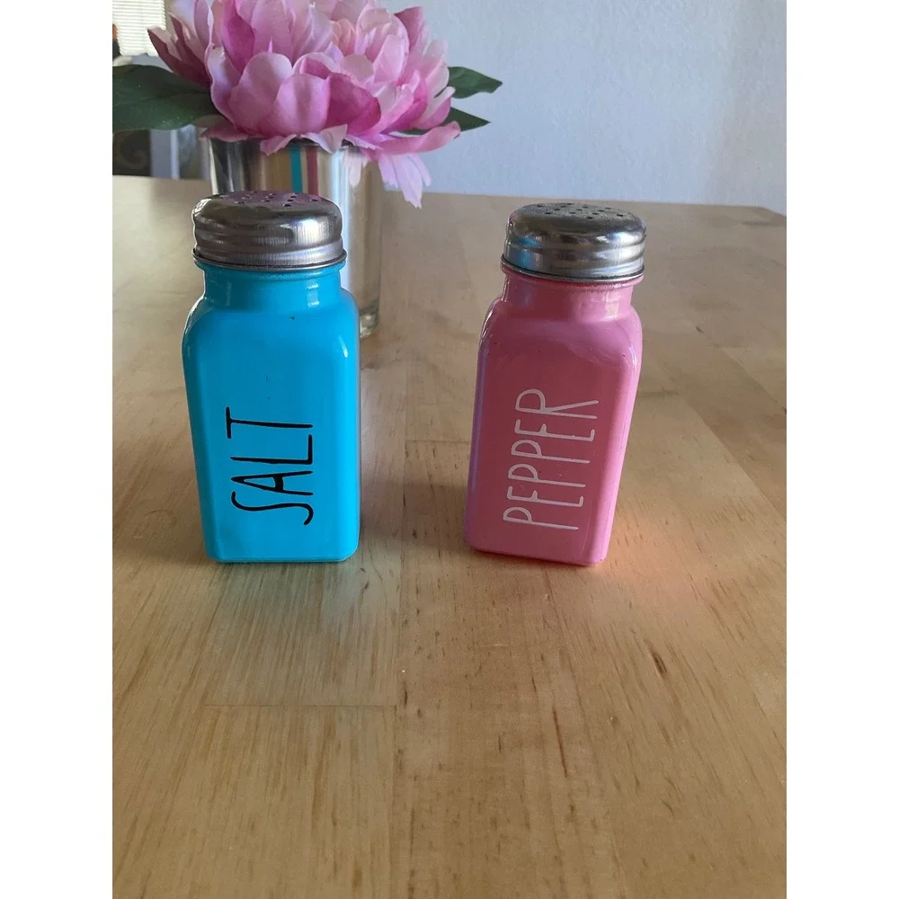 Salt and Pepper Shakers Set Pink Blue Glass Farmhouse Kitchen Decor